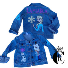 Load image into Gallery viewer, Frozen Denim jacket with Glitter and rhinestone accent
