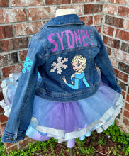 Load image into Gallery viewer, Frozen Denim jacket with Glitter and rhinestone accent
