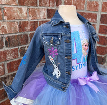 Load image into Gallery viewer, Frozen Denim jacket with Glitter and rhinestone accent
