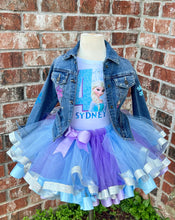 Load image into Gallery viewer, Frozen Denim jacket with Glitter and rhinestone accent
