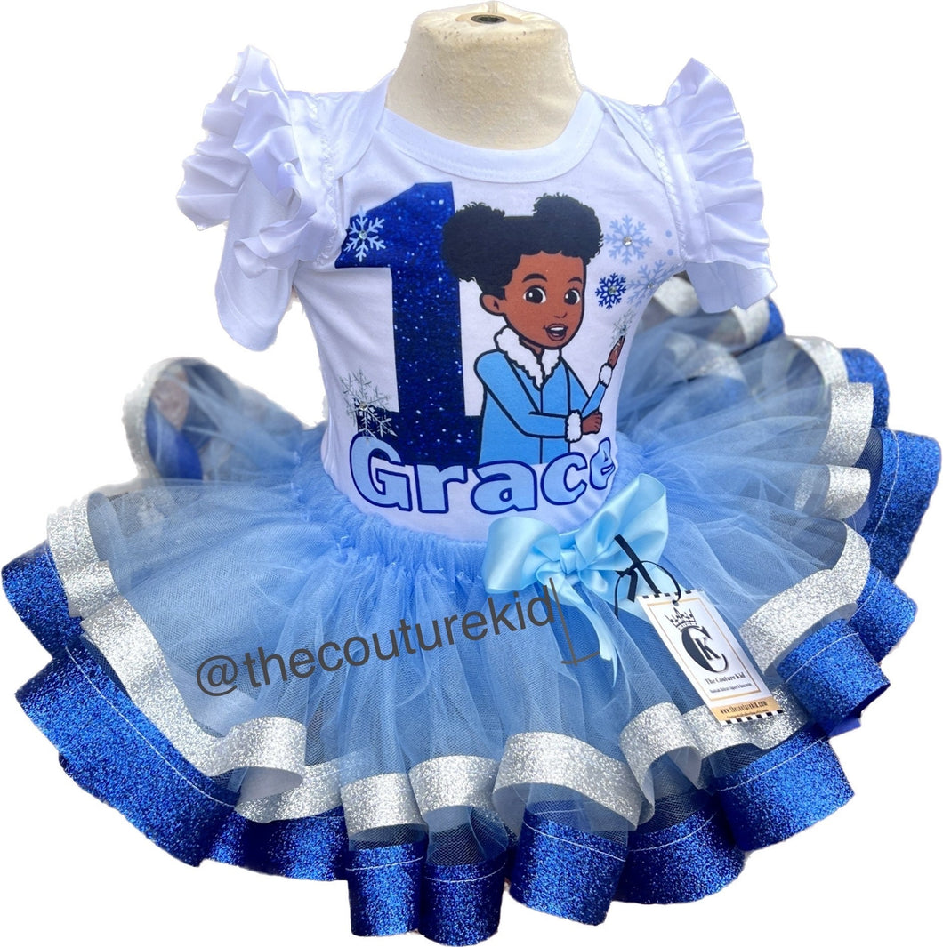 Blue and Silver Gracie Tutu set with glitter ribbon